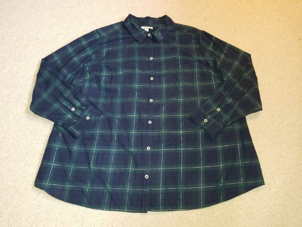 Womens Top-CROFT & BARROW-navy/green/metallic plaid cotton button-up flannel-3X